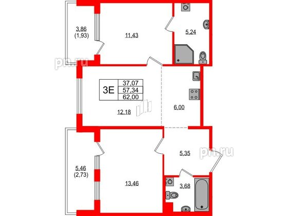 Квартира в ЖК «ЛесART», 2 комнатная, 62 м², 2 этаж