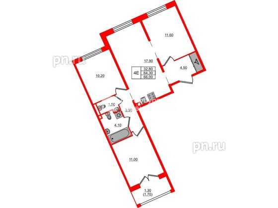 Квартира в ЖК «Пулково Лейк», 3 комнатная, 66 м², 4 этаж