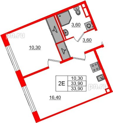 Квартира в ЖК «Пулково Лейк», 1 комнатная, 33.9 м², 4 этаж