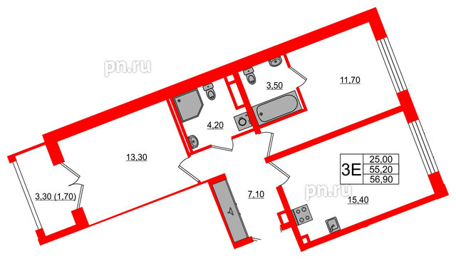 Квартира в ЖК «Пулково Lake», 2 комнатная, 56.9 м², 3 этаж