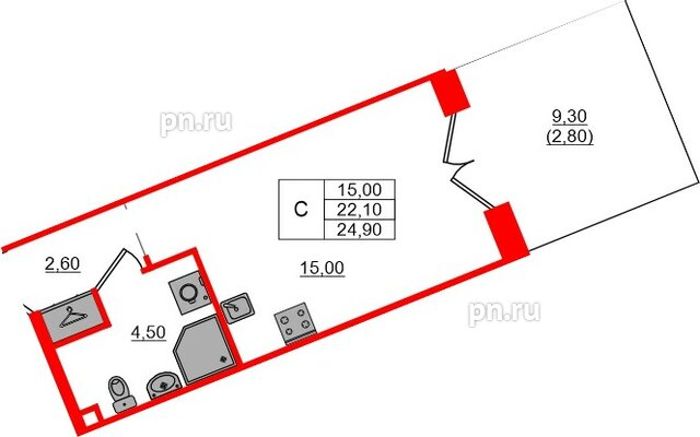 Квартира в ЖК «Пулково Лейк», студия, 24.9 м², 1 этаж