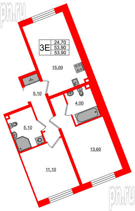 Квартира в ЖК «Пулково Lake», 2 комнатная, 53.9 м², 1 этаж