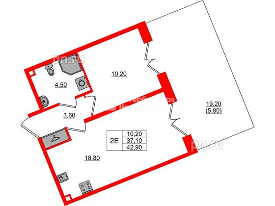 Квартира в ЖК «Пулково Лейк», 1 комнатная, 42.9 м², 1 этаж