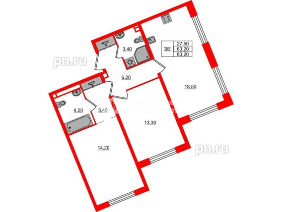 Квартира в ЖК «Пулково Lake», 2 комнатная, 63.2 м², 3 этаж