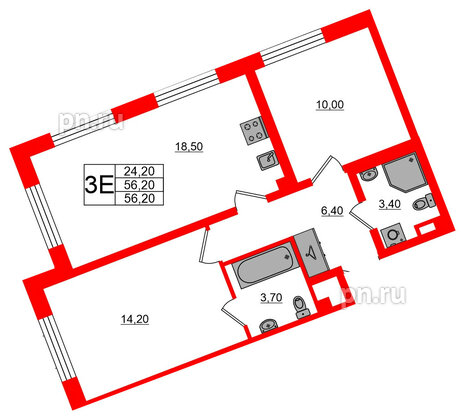 Квартира в ЖК «Пулково Lake», 2 комнатная, 56.2 м², 3 этаж