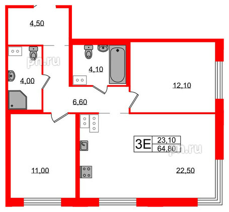 Квартира в ЖК Струны, 2 комнатная, 64.8 м², 6 этаж