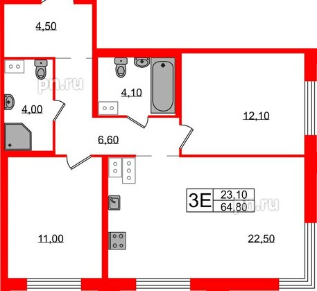 Квартира в ЖК Струны, 2 комнатная, 64.8 м², 7 этаж