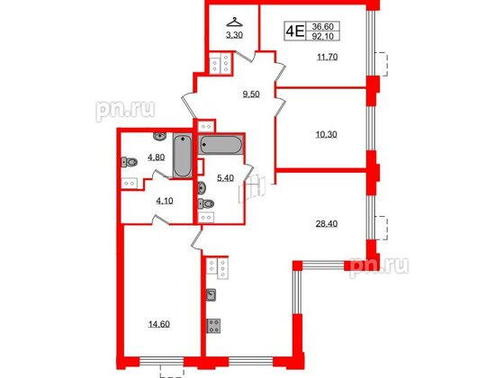 Квартира в ЖК Струны, 3 комнатная, 92.1 м², 23 этаж