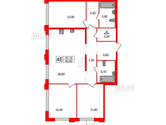 Квартира в ЖК Струны, 3 комнатная, 93.6 м², 2 этаж