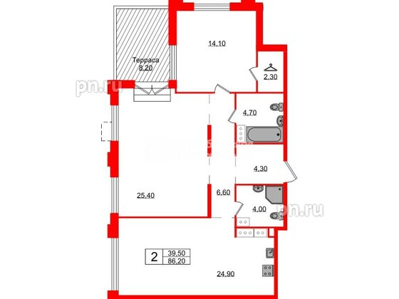 Квартира в ЖК Струны, 2 комнатная, 86.2 м², 22 этаж