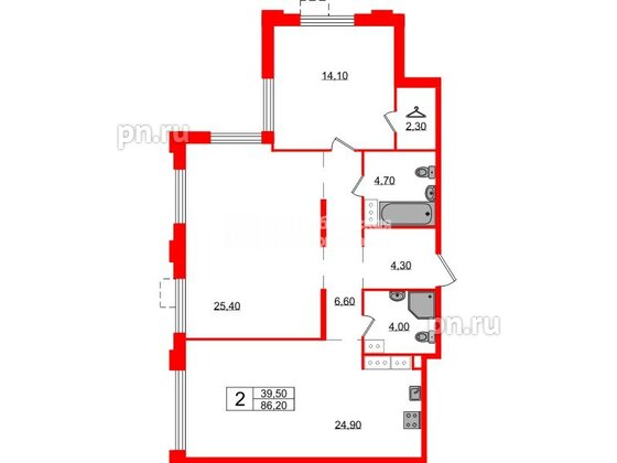 Квартира в ЖК Струны, 2 комнатная, 86.2 м², 23 этаж