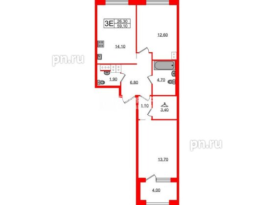 Квартира в ЖК Струны, 2 комнатная, 59.1 м², 4 этаж