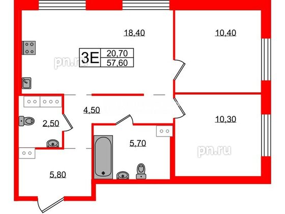 Квартира в ЖК Струны, 2 комнатная, 57.6 м², 5 этаж