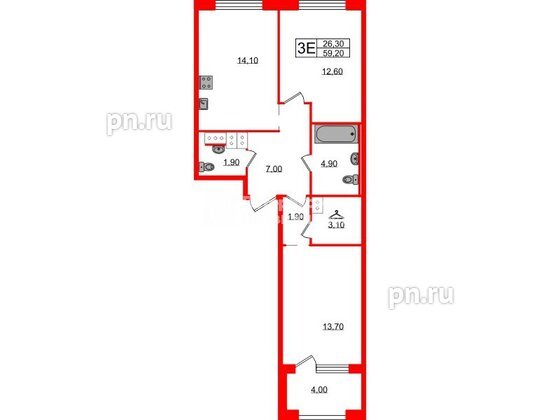 Квартира в ЖК Струны, 2 комнатная, 59.2 м², 15 этаж