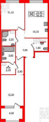 Квартира в ЖК Струны, 2 комнатная, 58.3 м², 14 этаж