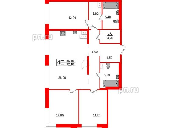 Квартира в ЖК Струны, 3 комнатная, 92.4 м², 4 этаж