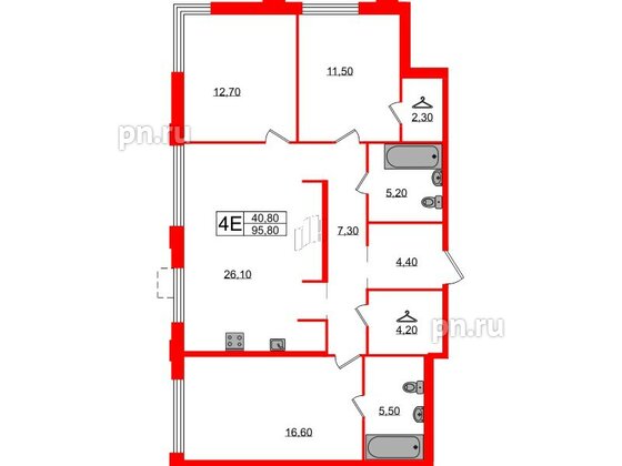 Квартира в ЖК Струны, 3 комнатная, 95.8 м², 3 этаж