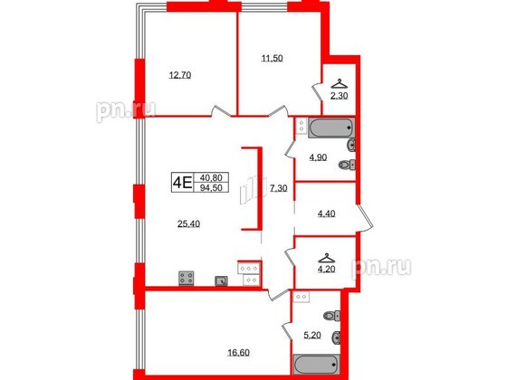 Квартира в ЖК Струны, 3 комнатная, 94.5 м², 4 этаж