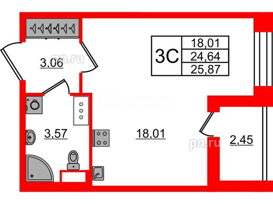 Квартира в ЖК Астра Континенталь, студия, 24.64 м², 9 этаж
