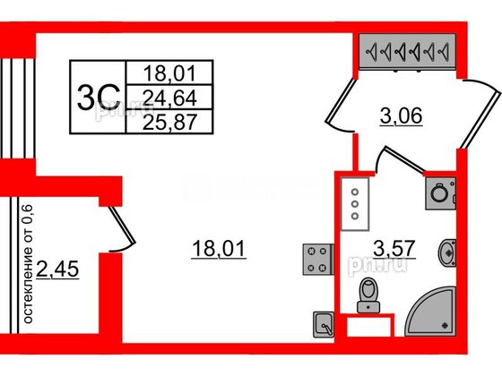 Квартира в ЖК Астра Континенталь, студия, 24.64 м², 10 этаж