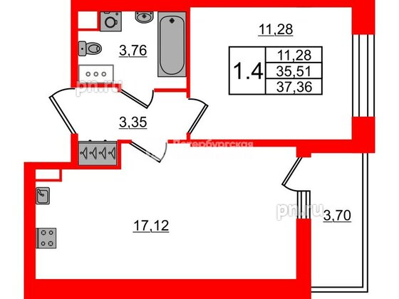 Квартира в ЖК Астра Континенталь, 1 комнатная, 35.51 м², 11 этаж