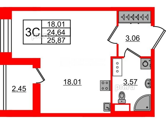 Квартира в ЖК Астра Континенталь, студия, 24.64 м², 8 этаж