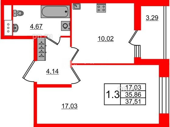 Квартира в ЖК Астра Континенталь, 1 комнатная, 35.86 м², 8 этаж