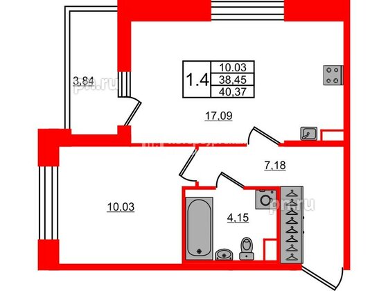 Квартира в ЖК Астра Континенталь, 1 комнатная, 38.45 м², 2 этаж