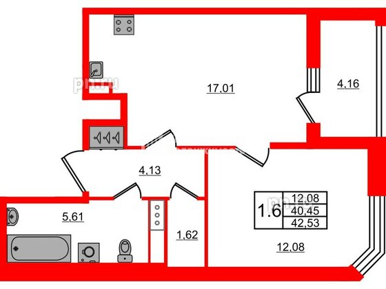 Квартира в ЖК Астра Континенталь, 1 комнатная, 40.45 м², 3 этаж