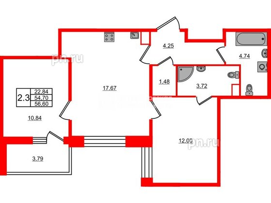 Квартира в ЖК Астра Континенталь, 2 комнатная, 54.7 м², 2 этаж