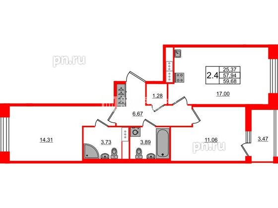 Квартира в ЖК Астра Континенталь, 2 комнатная, 57.94 м², 4 этаж