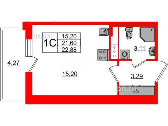 Квартира в ЖК «Астра Континенталь», студия, 21.6 м², 9 этаж