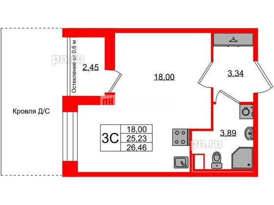 Квартира в ЖК Астра Континенталь, студия, 25.23 м², 3 этаж
