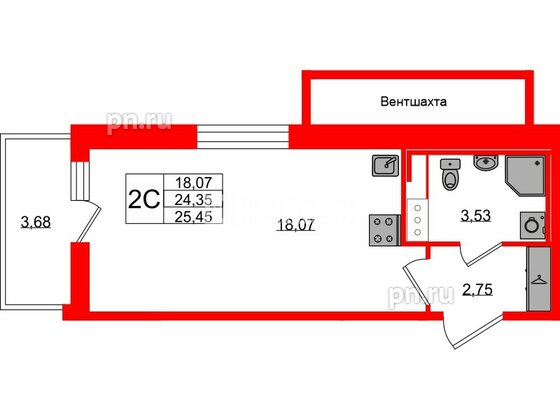 Квартира в ЖК Астра Континенталь, студия, 24.35 м², 11 этаж