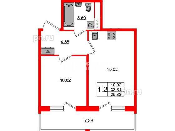 Квартира в ЖК Астра Континенталь, 1 комнатная, 33.61 м², 6 этаж