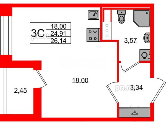 Квартира в ЖК Астра Континенталь, студия, 24.91 м², 11 этаж