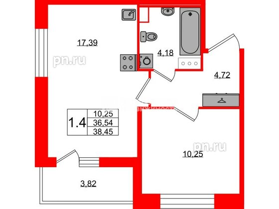 Квартира в ЖК Астра Континенталь, 1 комнатная, 36.54 м², 9 этаж
