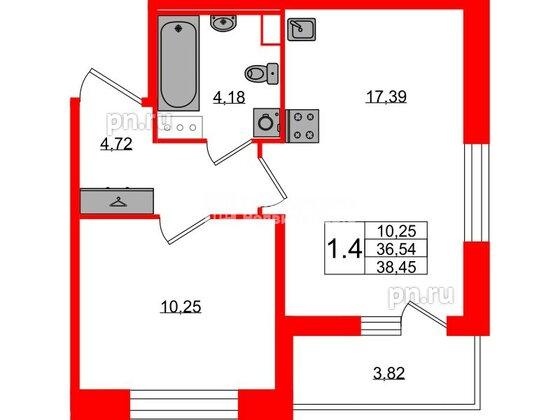 Квартира в ЖК Астра Континенталь, 1 комнатная, 36.54 м², 8 этаж