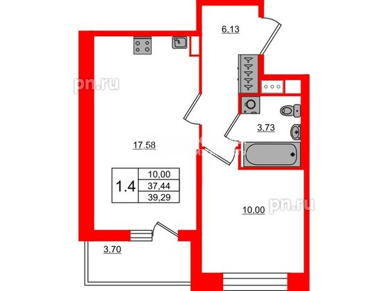 Квартира в ЖК Астра Континенталь, 1 комнатная, 37.44 м², 11 этаж