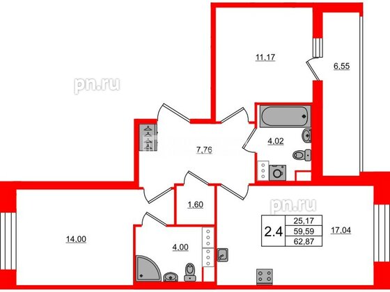 Квартира в ЖК Астра Континенталь, 2 комнатная, 59.59 м², 3 этаж