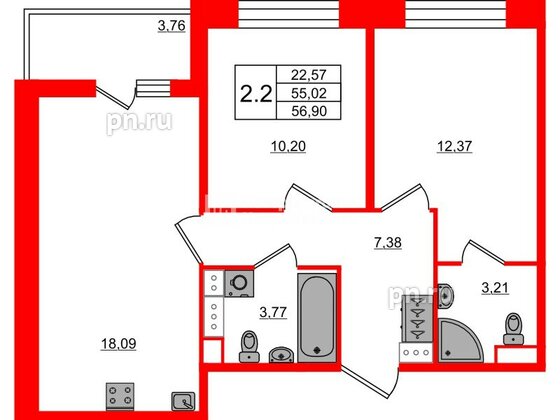 Квартира в ЖК Астра Континенталь, 2 комнатная, 55.02 м², 3 этаж