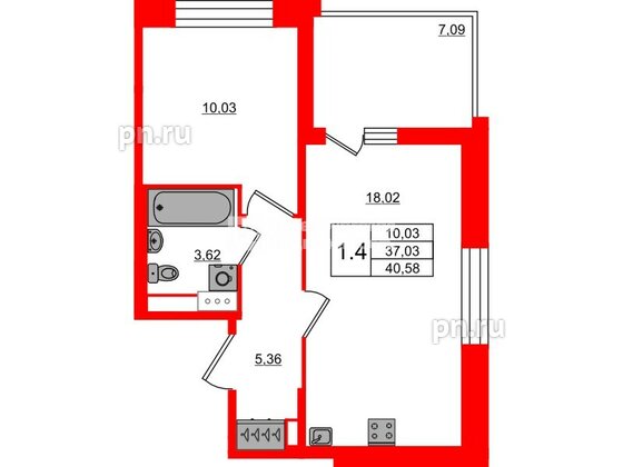 Квартира в ЖК Астра Континенталь, 1 комнатная, 37.03 м², 8 этаж