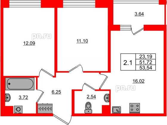 Квартира в ЖК Астра Континенталь, 2 комнатная, 51.72 м², 2 этаж