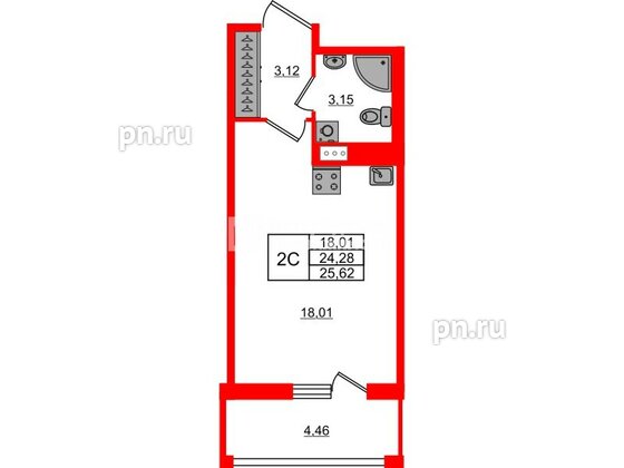 Квартира в ЖК Астра Континенталь, студия, 24.28 м², 11 этаж