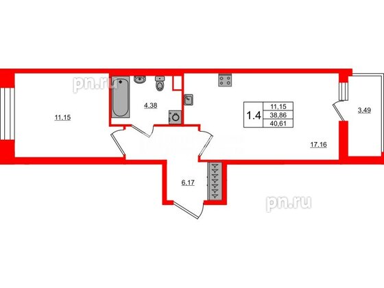 Квартира в ЖК Астра Континенталь, 1 комнатная, 38.86 м², 2 этаж