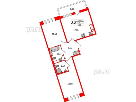 Квартира в ЖК Астра Континенталь, 2 комнатная, 54.77 м², 7 этаж