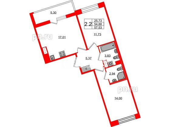 Квартира в ЖК Астра Континенталь, 2 комнатная, 54.88 м², 10 этаж
