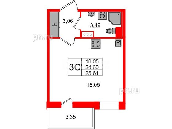 Квартира в ЖК Астра Континенталь, студия, 24.6 м², 9 этаж