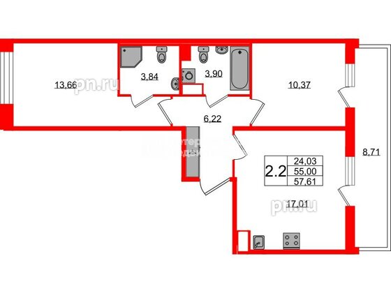 Квартира в ЖК Астра Континенталь, 2 комнатная, 55 м², 10 этаж