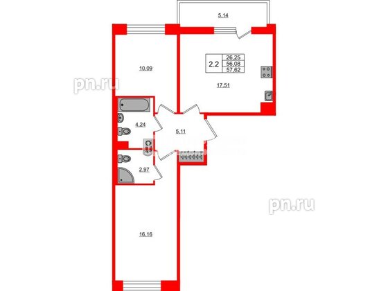 Квартира в ЖК Астра Континенталь, 2 комнатная, 56.08 м², 2 этаж